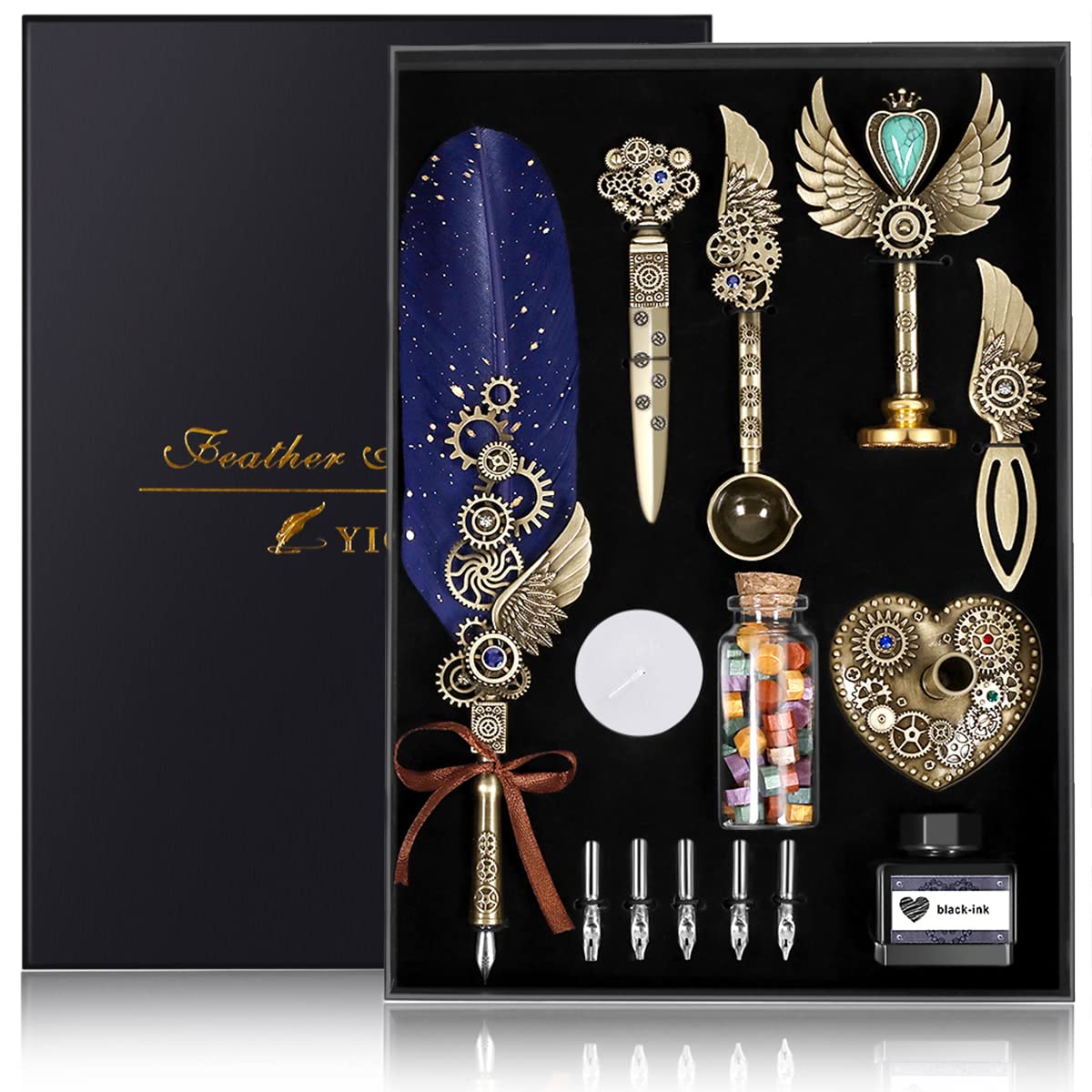 YICMY Quill Pen and Ink Set, Feather Pen Calligraphy Set, Mechanical Gears Design Quill Pen with Wax Seal Stamp Set, Stationery Gift for Handwriting Lovers Birthday Christmas Valentine’s Day