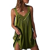 Ekouaer Women's Satin Silk Nightgown V Neck Sexy Nightdress Tank Sleeveless Sleepshirt Lace Sleep Dress Nightwear S-XXXL