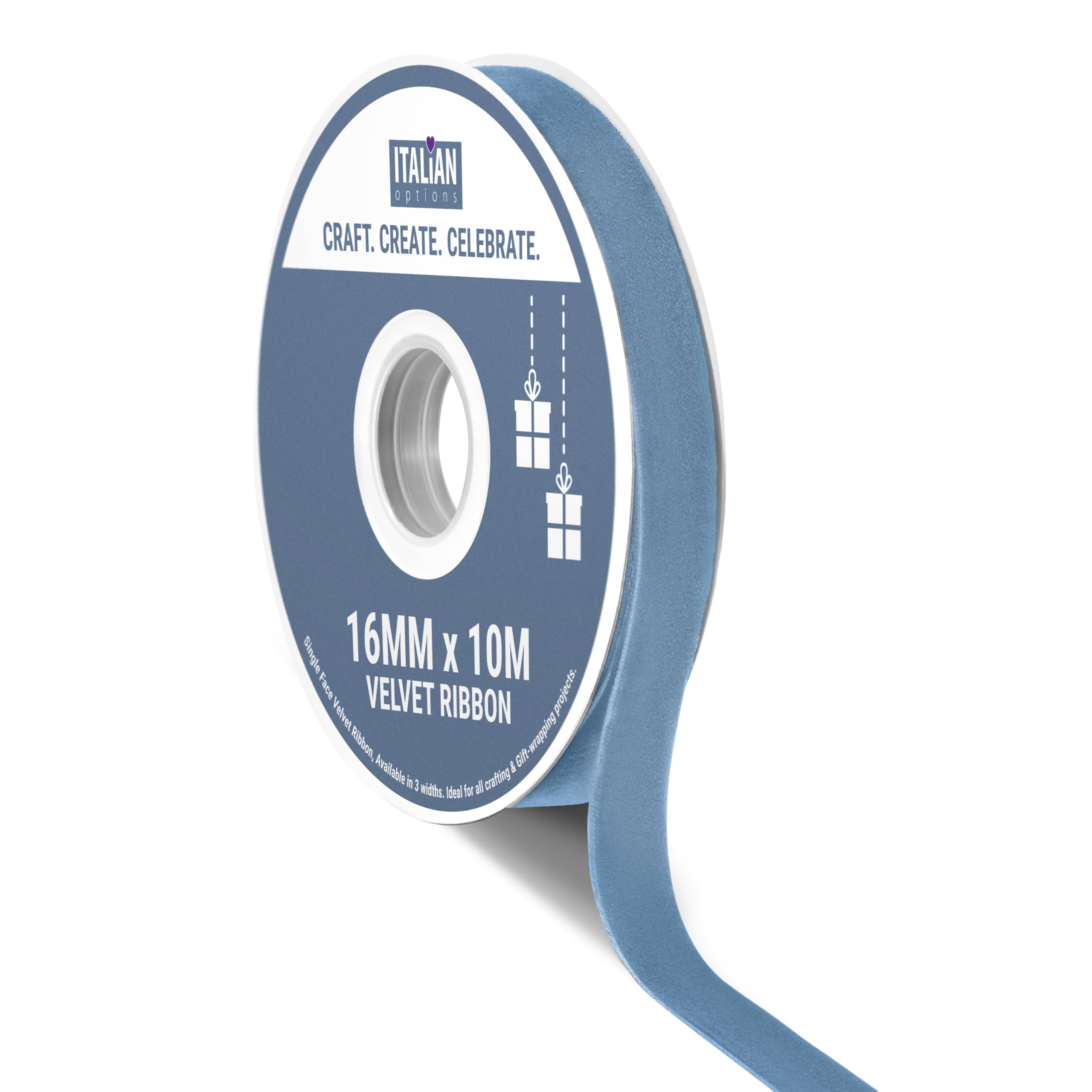 Italian Options Velvet Ribbon, Luxury, Single-Face Velvet Ribbon for Crafting, Christmas, Bows, Hair, Cakes, Weddings, Ornaments, Gift Wrapping, Flowers, 16mm x 10 Metre Roll, Vintage Blue