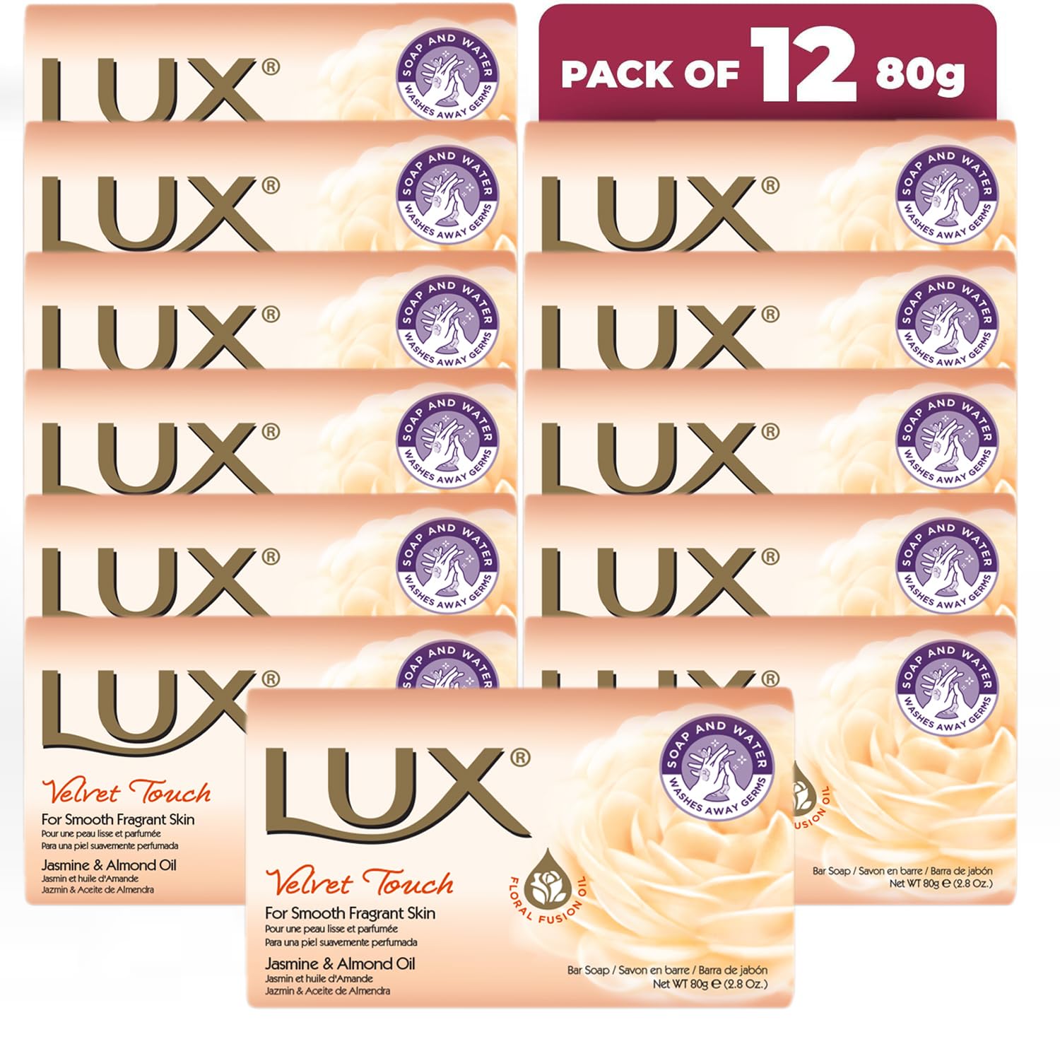LUX Velvet Touch Soap Bar, Jasmine & Almond Oil, For Smooth Fragrant Skin, 80g (12 Pack)