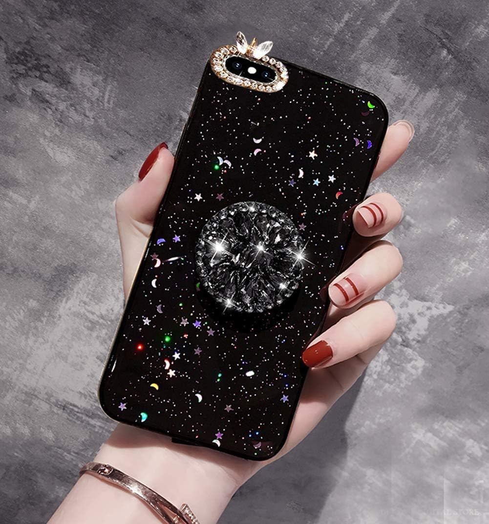 Hnzxy Compatibel with Huawei P10 Plus Case,Huawei P10 Plus Cover,Bling Rhinestone Diamond Glitter Star Transparent Silicone TPU with Glitter Diamond Ring Stand Holder Soft TPU Bumper Cover Case,Black