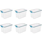 Sterilite 20 Qt Gasket Box, Stackable Storage Bin with Latching Lid and Tight Seal, Plastic Container to Organize Basement, Clear Base and Lid, 6-Pack