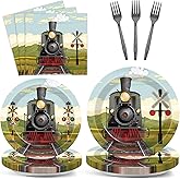 96 Pcs Train Paper Plates and Napkins Party Supplies Steam Train Birthday Disposable Tableware Set Retro Trains Transportation Party Decorations Favors for Baby Shower Dinnerware Favor Serves 24