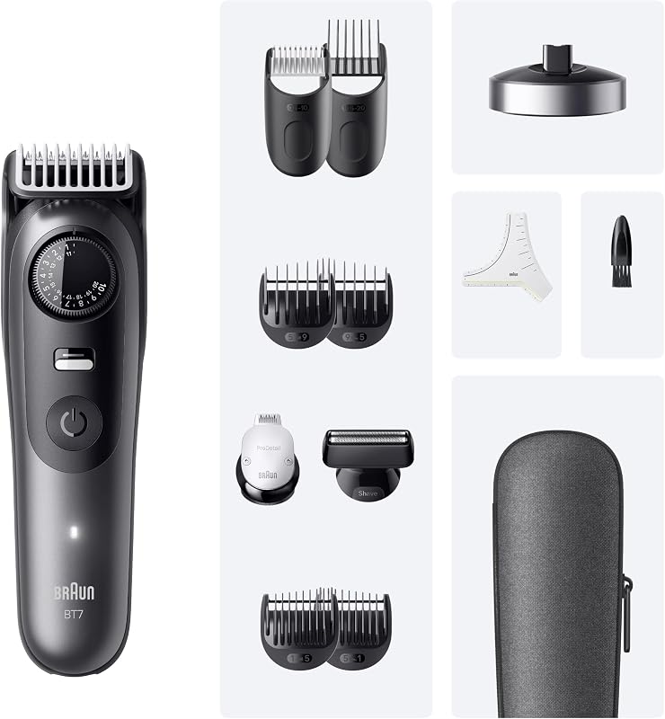 Braun Beard Trimmer Series 7 BT7545, Aparador de barba recarregável resistente à água, +12 acessórios de barba, 120 min de autonomia, 40 comprimentos, lâmina ultra afiada, cinza