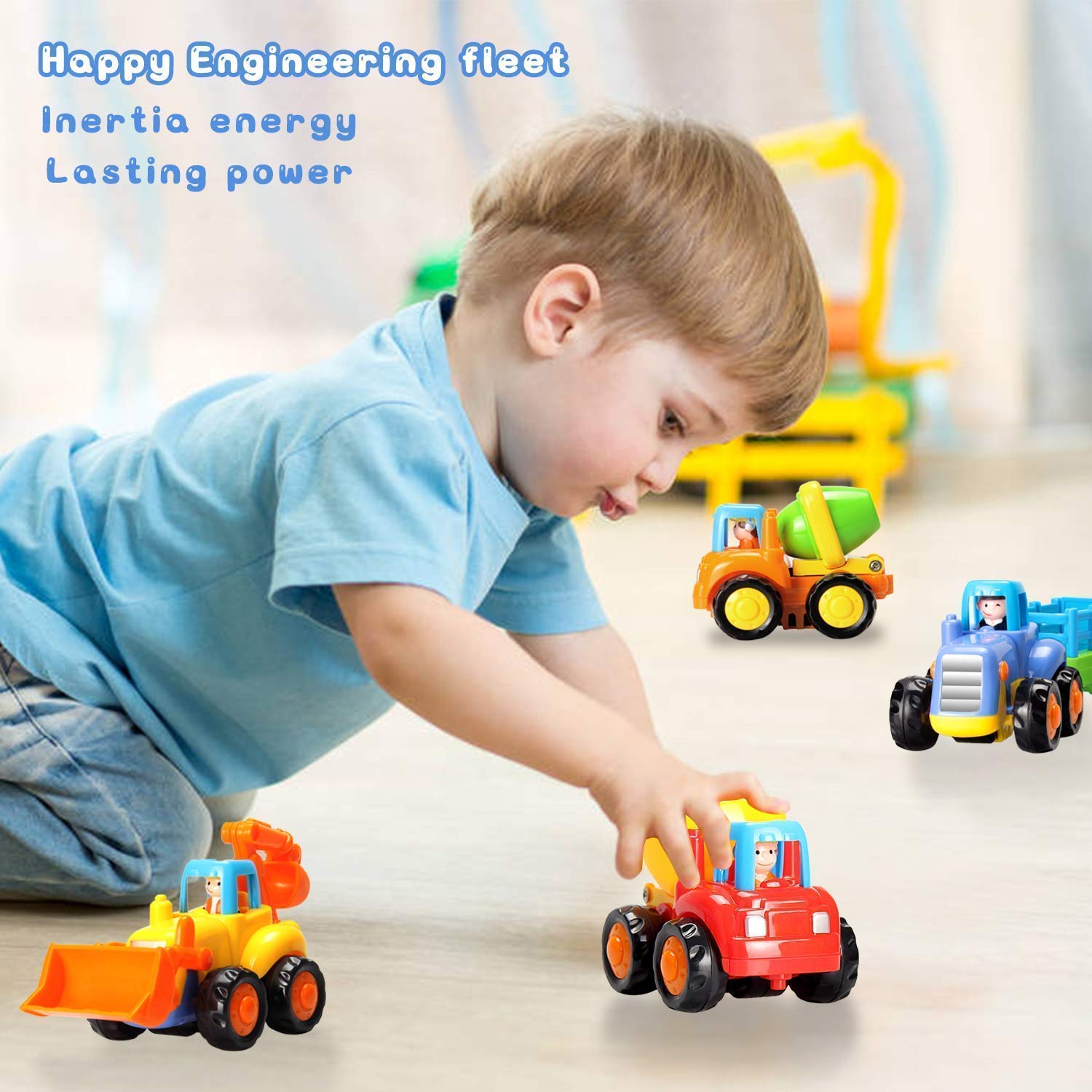 MOONTOY Baby Spielzeugauto Bagger Konstruktionsfahrzeuge Baufahrzeuge 4 in einem Set für Kinder, Traktor, Bulldozer, Kipper & Zementmischer 6