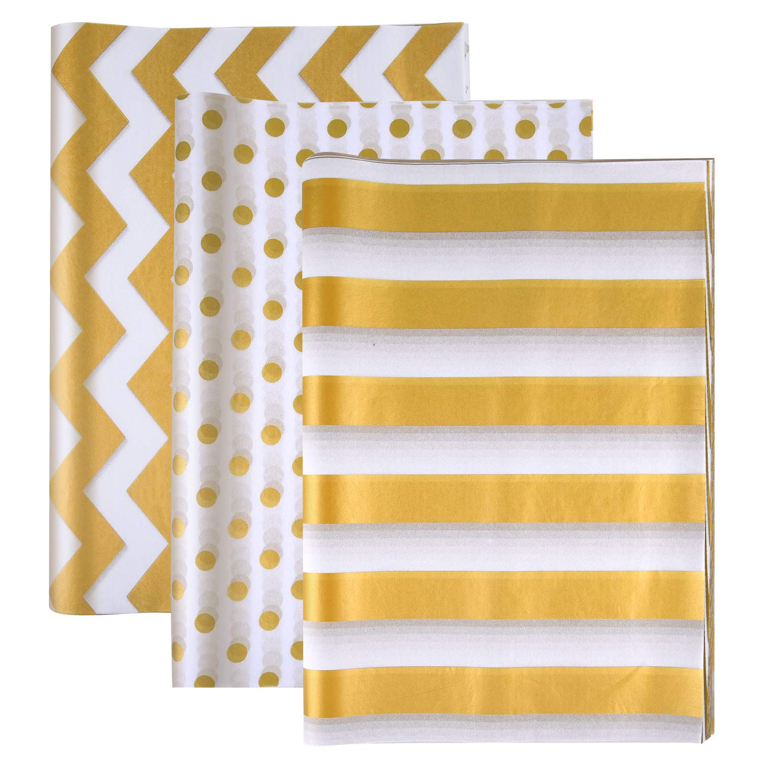 MIAHART 100 Pcs Gold White Tissue Paper Bulk 3 Style Decorative Metallic Wrapping Paper for Gift Bags Birthday Christmas Party Decoration, DIY Arts Crafts Gold Dot Wave Design Patterned(100 Sheet)