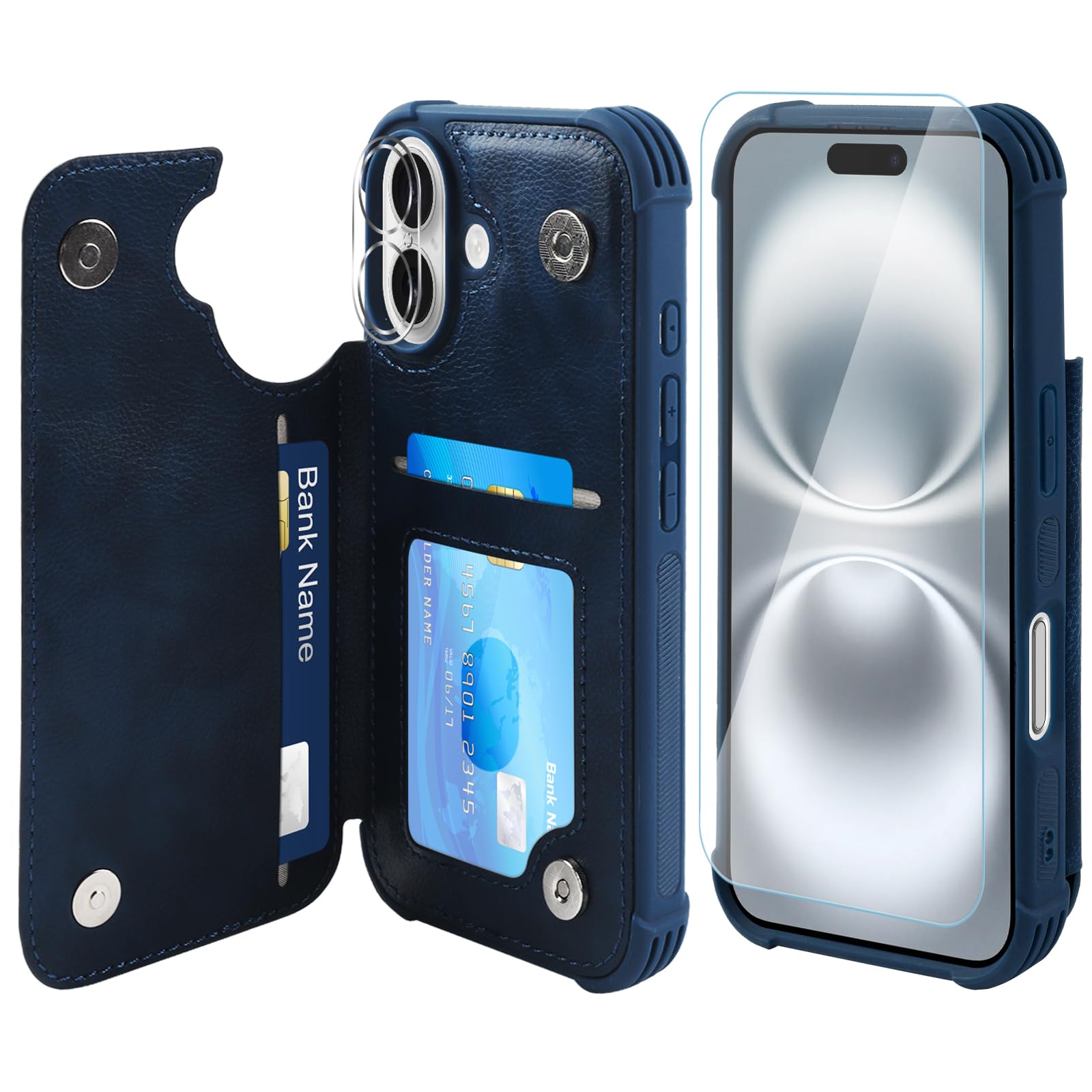 VANAVAGY Compatible for iPhone 16 Wallet Case with Credit Card Holder,Rfid Block Leather Flip Folio Phone Cover Fits Magnetic Car Mount and Stand with Screen Camera Protector,Navy Blue
