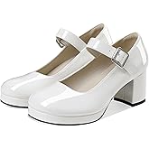 femflame Women's Low Chunky Heel Mary Jane Pumps Ankle Buckle Strap Sweet Round Toe Dress Shoes JK Cosplay Uniform Dress Shoes