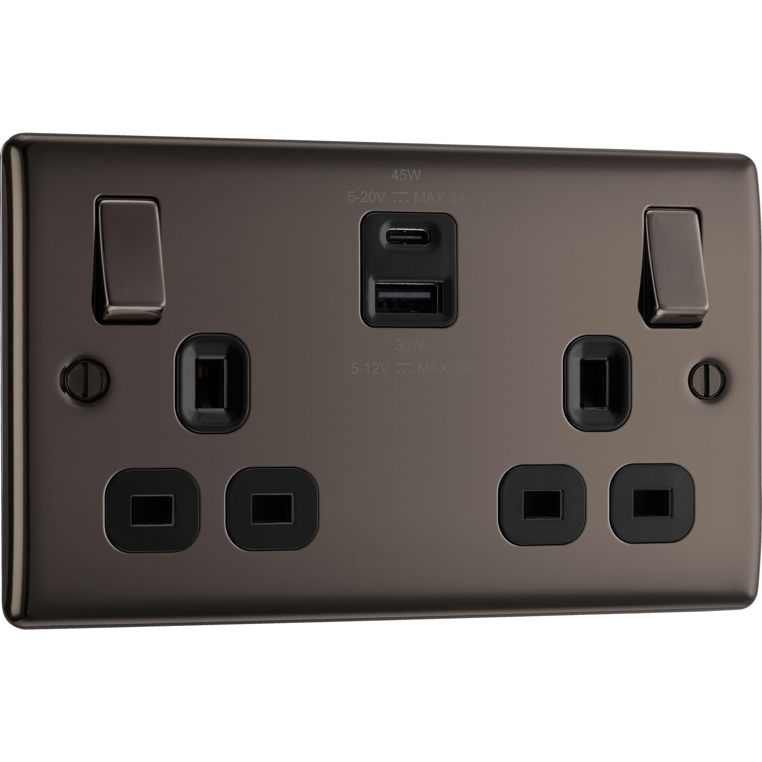 BG Electrical 45W Double Switched Power Wall Plug Socket with Super Fast Charge USB A & USB C Charging Ports, Nexus Metal, Black Nickel, 13A, NBN22UAC45B