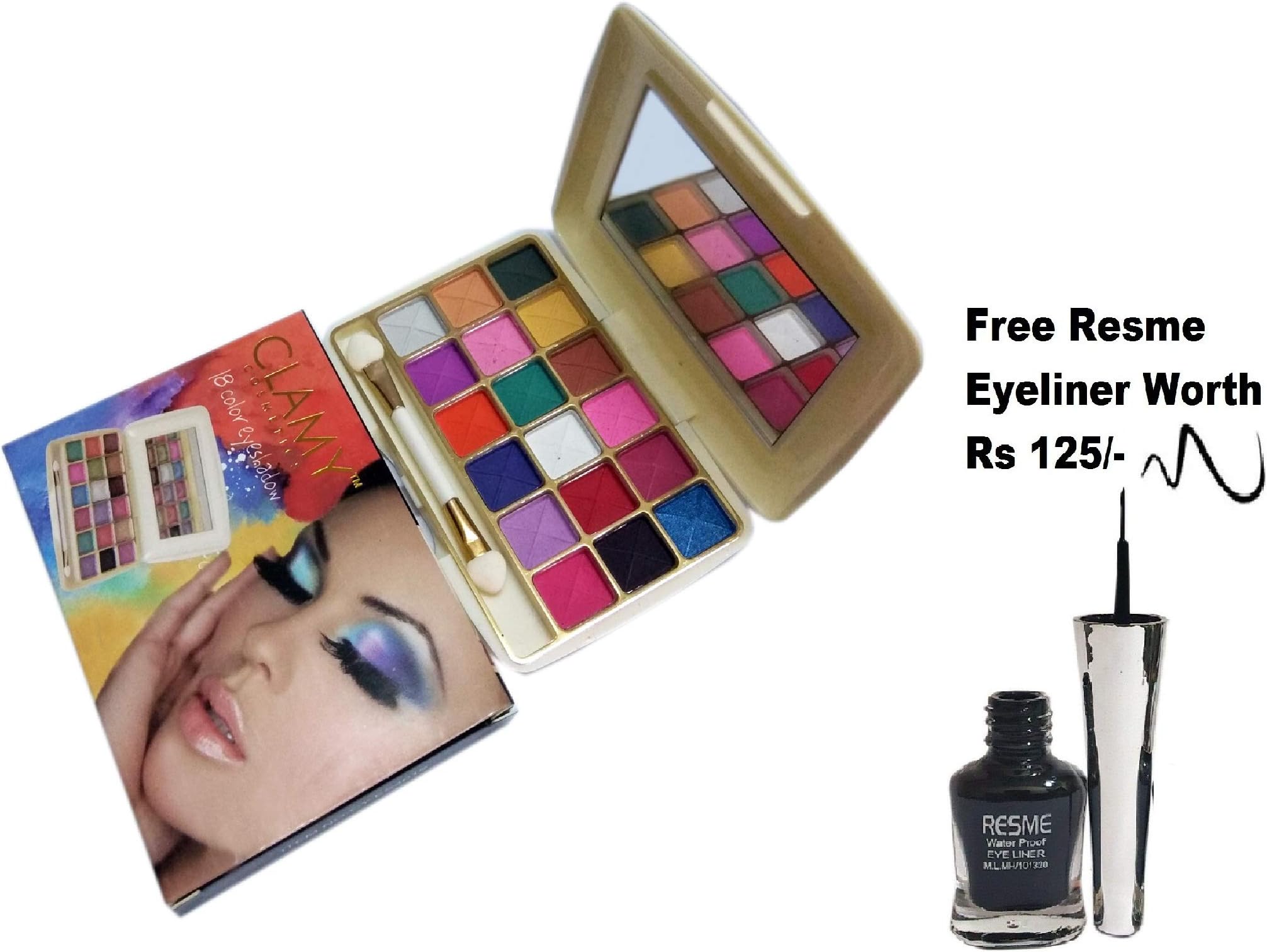 Clamy Travel Size Eyeshadow Palette (18 Color), Free Resme Eyeliner