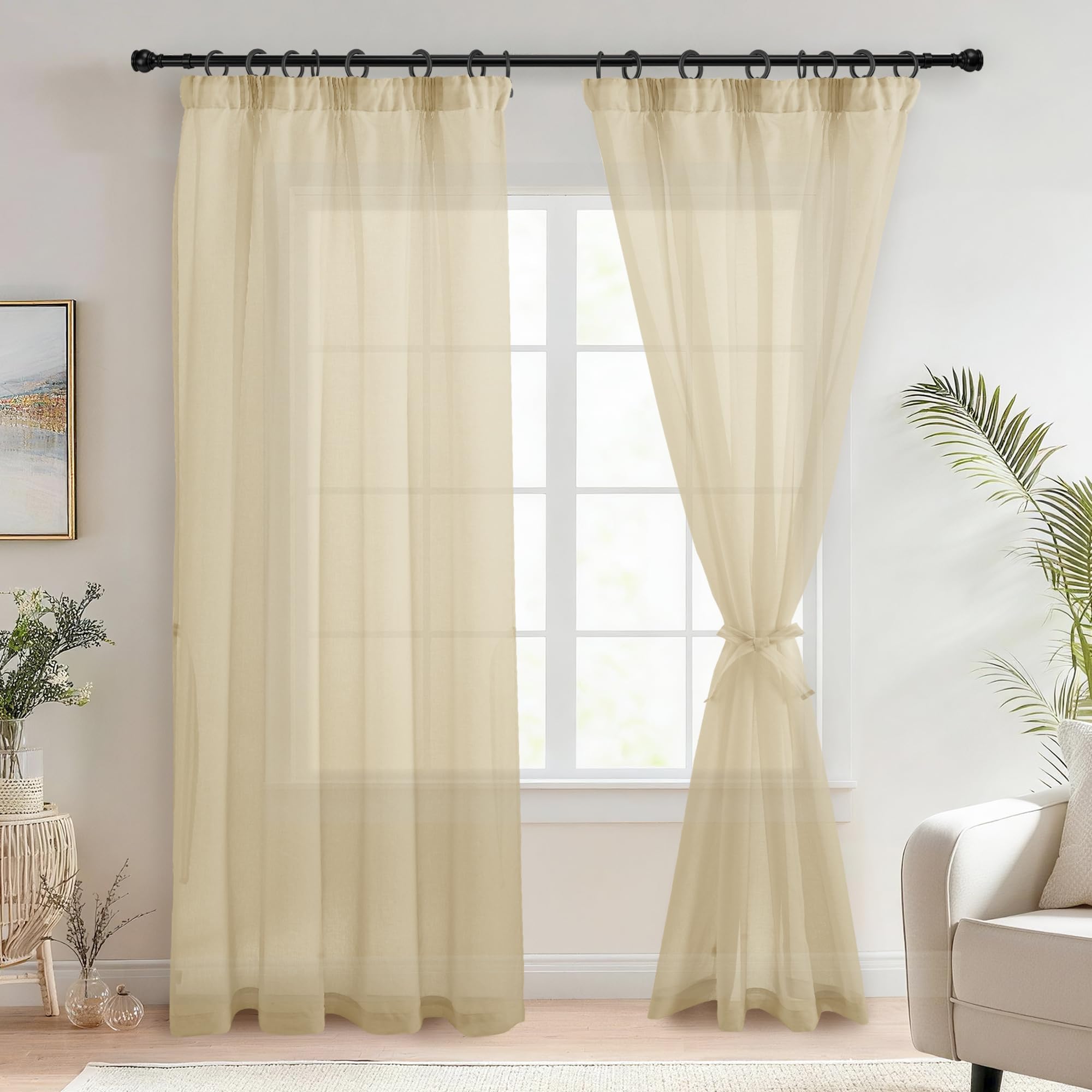 DWCN Voile Curtains 90 Drop Pair Pencil Pleat Curtains with Tiebacks Net Curtain for Windows 2 Panels, Beige, W46 x L90 Inch