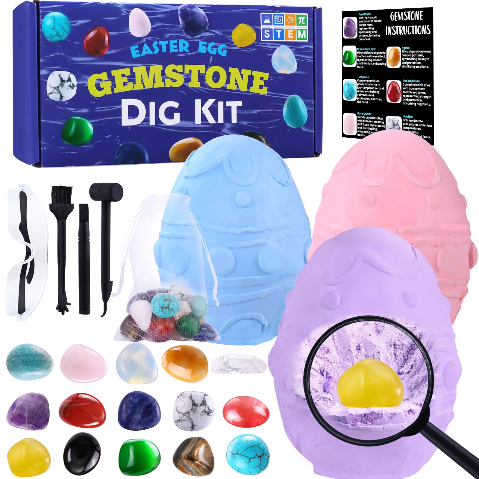 DIYDEC 3 Pack Easter Egg Dig Kit Real Gemstones Excavation Kit for Kids Easter Geology Toys Rock Digging Kit Easter Science Educational Gift for Boys Girls Easter Basket Stuffers Party Favor