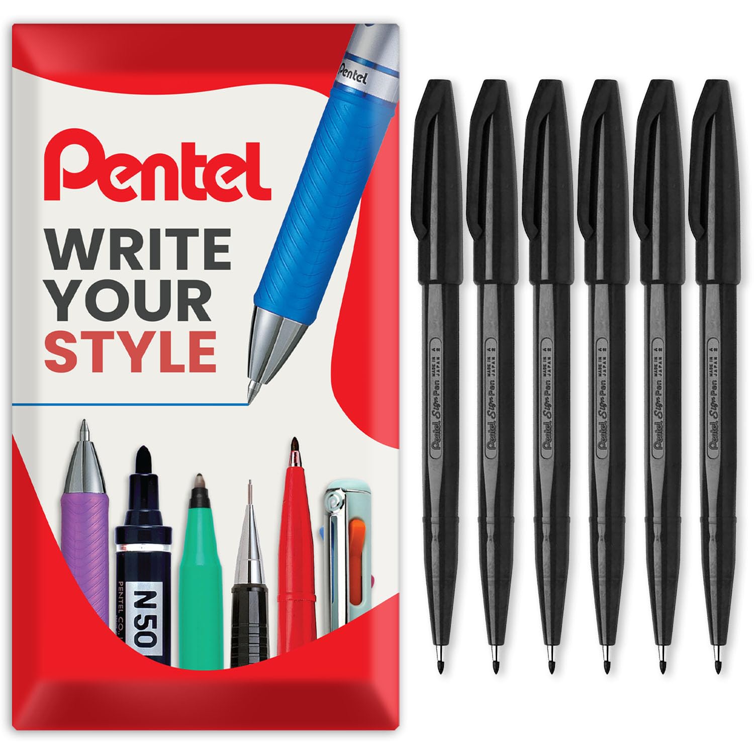 Pentel S520 Original Sign Pen Fibre Tip Marker Fineliner Pens - 2mm Nib - 1mm Line - Pack of 6 - In Envelope Gift Packaging (Black)
