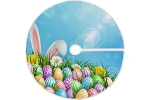 PFREWN Colorful Easter Egg Bunny Tree Skirt 48" Rabbit Ears Spring Flowers Christmas Tree Skirts Happy Easter Day Xmas Mat for Holiday Festival Party Decor