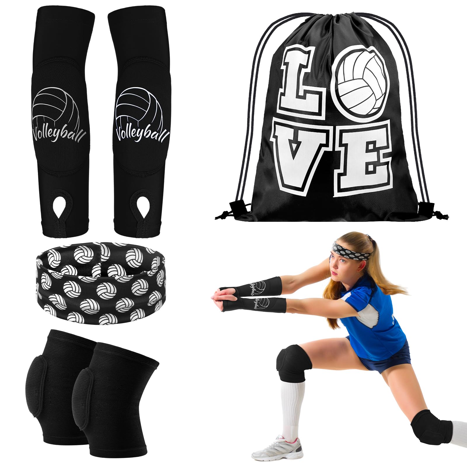 Photo 1 of Yinder 4 Pcs Volleyball Knee Pad and Arm Sleeve Volleyball Accessories Stuff Forearm Elbow Sleeve Wrist Guard with Protection Pad and Thumb Hole for Women Men Adult(Medium,Black)