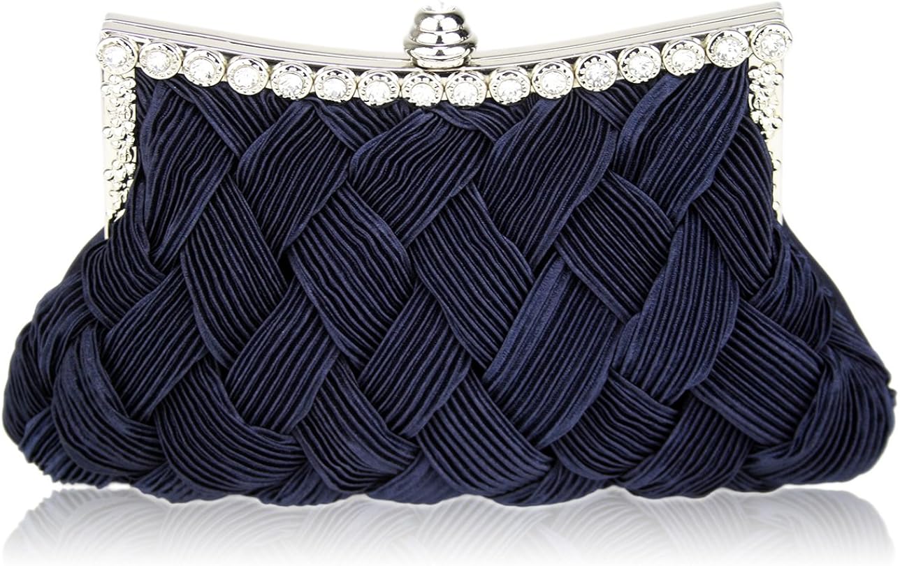 Womens Navy Blue Woven Style Clutch Evening Bag with Diamante Frame