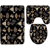 GCTNBJL Western Boho 3 Piece Bath Mat Sets,Aztec Tribal Cow Skull Cactus Vintage Geometric Black Golden Bathroom Memory Foam Rug,16