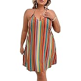 Floerns Women's Plus Size Boho Striped Halter Dress Backless Beach Short Sundresses
