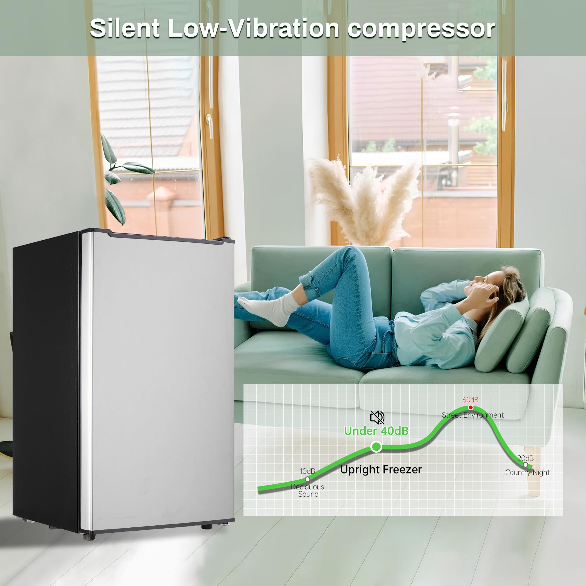 Maine Upright Freezer 3.6 Cu.Ft Mini Freezer with Reversible Stainless Steel Door Freestanding Compact Freezer with 3 Adjustable Thermostat, Small Freezer for Apartment Dorm (Silver)