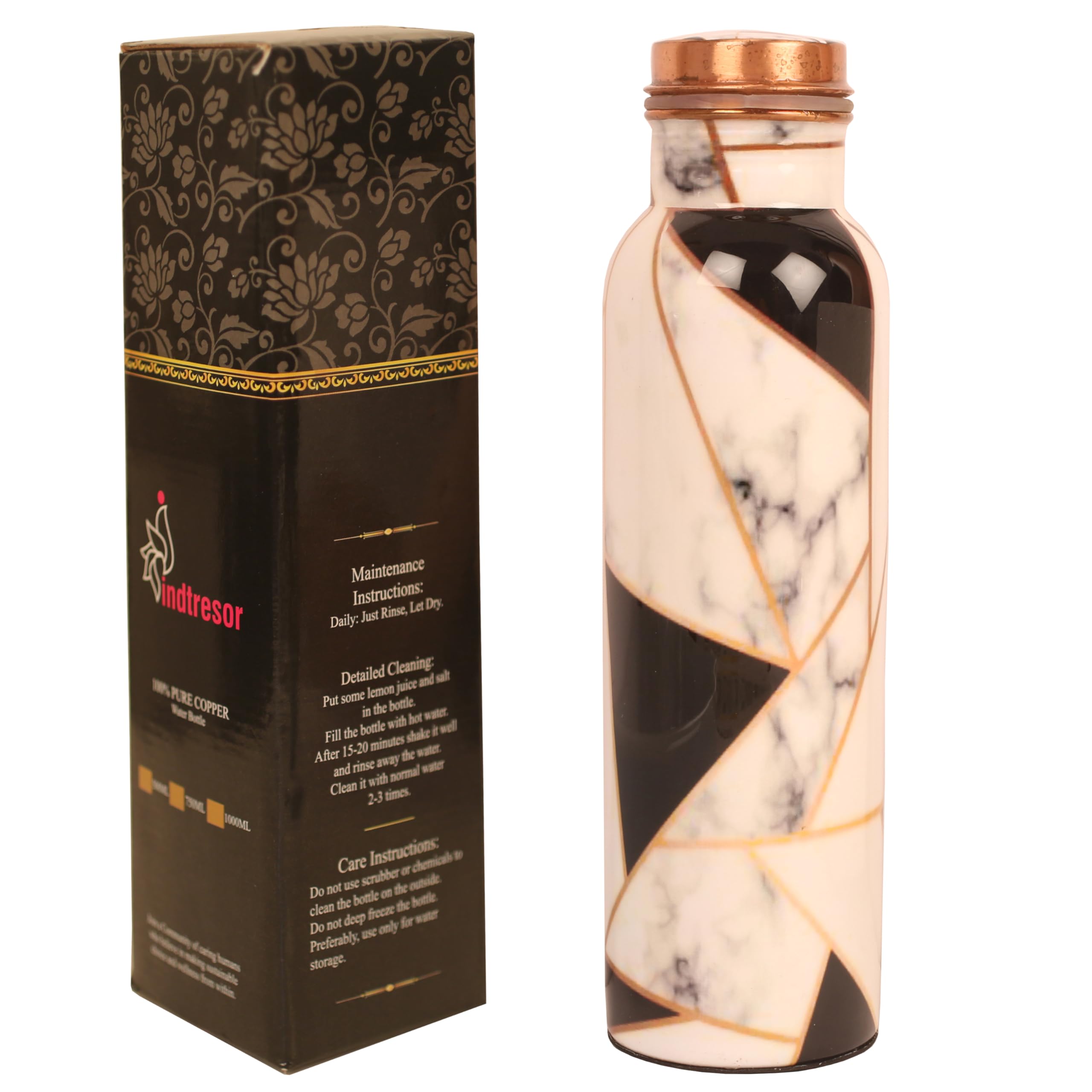 INDTRESOR Pure Copper Water Bottle - Handcrafted - Ayurveda health benefits - Large 35 oz - Leak proof, Easy to carry for Sports, Fitness, Yoga, School- Royal Finish White Golden Black Mosaic Enamel