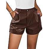SOFIA'S CHOICE Women's Faux Leather Shorts High Waisted Roll Hem Pleated Mini Short with Pockets
