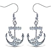 Puzzled Silver Ship Anchor Fish Hook Earrings, 1.5 Inch Fashionable & Elegant Jewelry Rhinestone Studded Earring Teens Women Fashion Ear Accessory