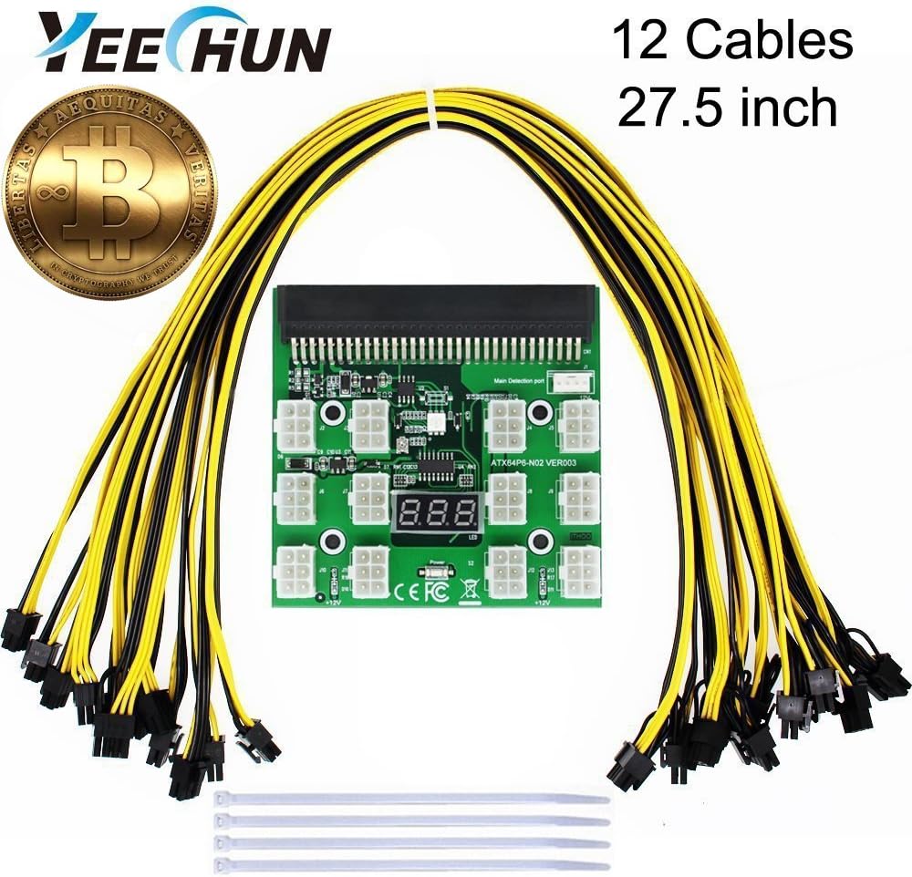 YEECHUN [Shipping from New York] 12-Pack 16AWG PCI-E 6Pin to 6+2Pin Cables (27.5 inch/70 cm) + Ethereum ETH ZEC Mining Power Supply 12V GPU Breakout Board