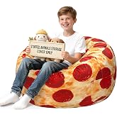 Lukeight Pizza Stuffed Animal Storage Bean Bag Chair Cover for Teens, Velvet Plush Toy Organizer Seat, Cover Only, No Filling Included, Long YKK Zipper, Side Pocket, XX-Large 36"D x 20"H