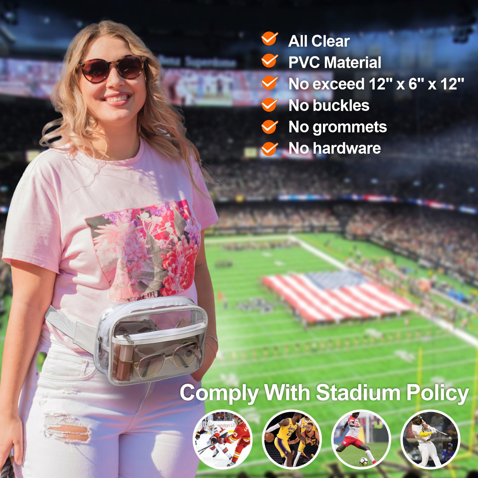 Veckle Clear Fanny Pack Stadium Approved - Clear Bag for Stadium Events Large Belt Bag for Women Transparent Waist Bag Crossbody with Adjustable Strap for Sports Concerts, White