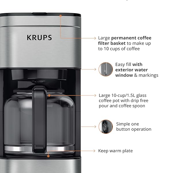 KRUPS COFFEE MAKER 10 CUPS SIMPLY BREW STAINLESS STEEL DRIP COFFEE MAKER, 900 WATTS COFFEE FILTER, DRIP FREE, DISHWASHER SAFE POT , BLACK & SILVER
