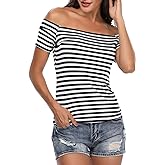 Fuinloth Women's Off The Shoulder Tops, One Shoulder Shirts, Short Sleeves Elegant Slim Fit Tees