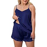 XAKALAKA Plus Size Satin Pajamas Set for Women V Neck Pjs Cami Top and Shorts Ruffle Silk Lingerie Nightwear