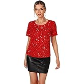 Women's Sequin Tops Sparkly Shirt Glitter Short Sleeve Tee Round Neck Velvet Tunic Party Disco Clubwear Blouse
