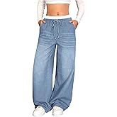 SHENHE Girl's Wide Leg Jeans Elastic Waist Drawstring Low Rise Y2k Baggy Jeans Denim Pants