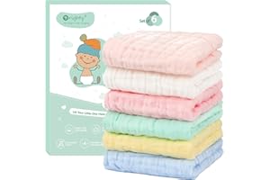 Orighty Muslin Baby Washcloths Pack of 6 - Soft Face Cloths for Newborn, Absorbent Baby Bath and Face Towels, 100% Cotton Babies Wipes, Burp Cloths, Feeding Towels for Babies and Infants - 10 x 10’’