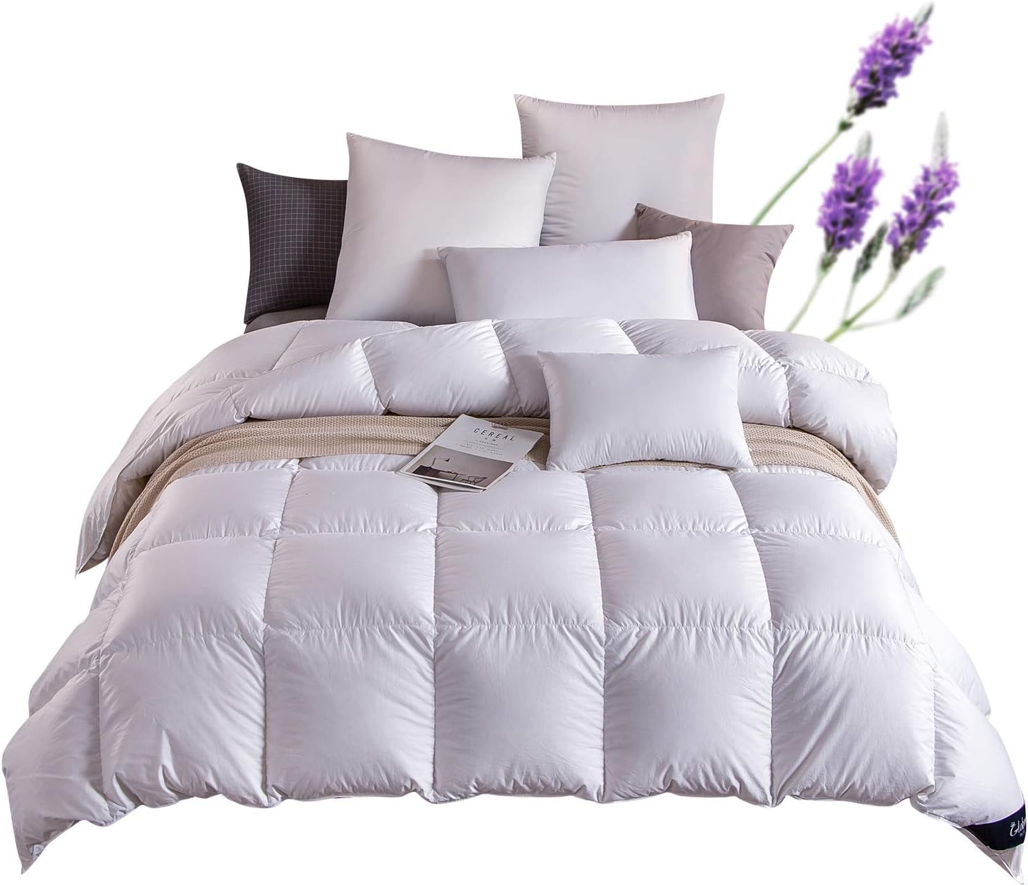 Globon Lavender Scented White Down Comforter Twin Size (68-Inch-by-90-Inch) 20oz, 300 TC,100% Cotton Shell, 600 Fill Power, Medium Warmth, All Season