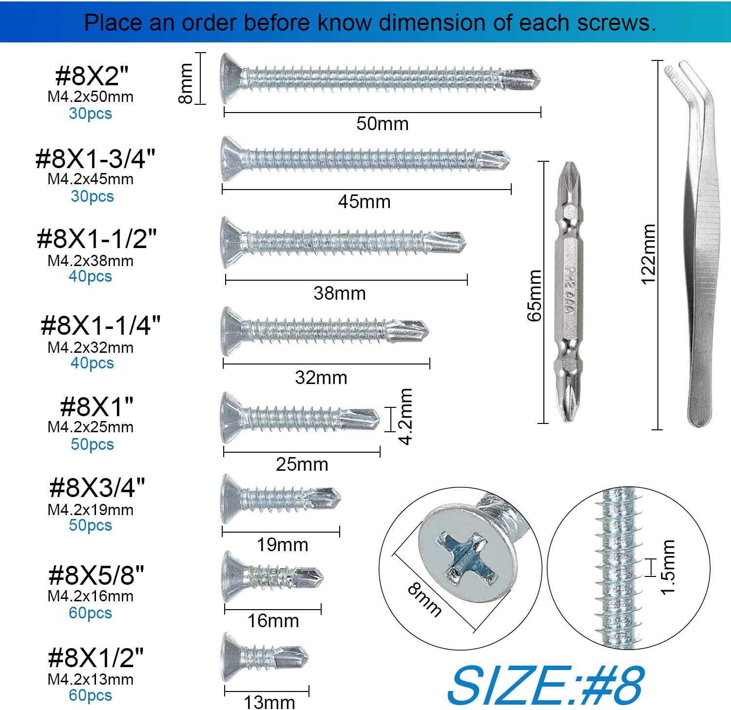 FandWay 360Pcs Self Tapping Screws for Metal,M4.2 Self Drilling Screws for Steel,Countersunk Head Tek Screw - Image 4