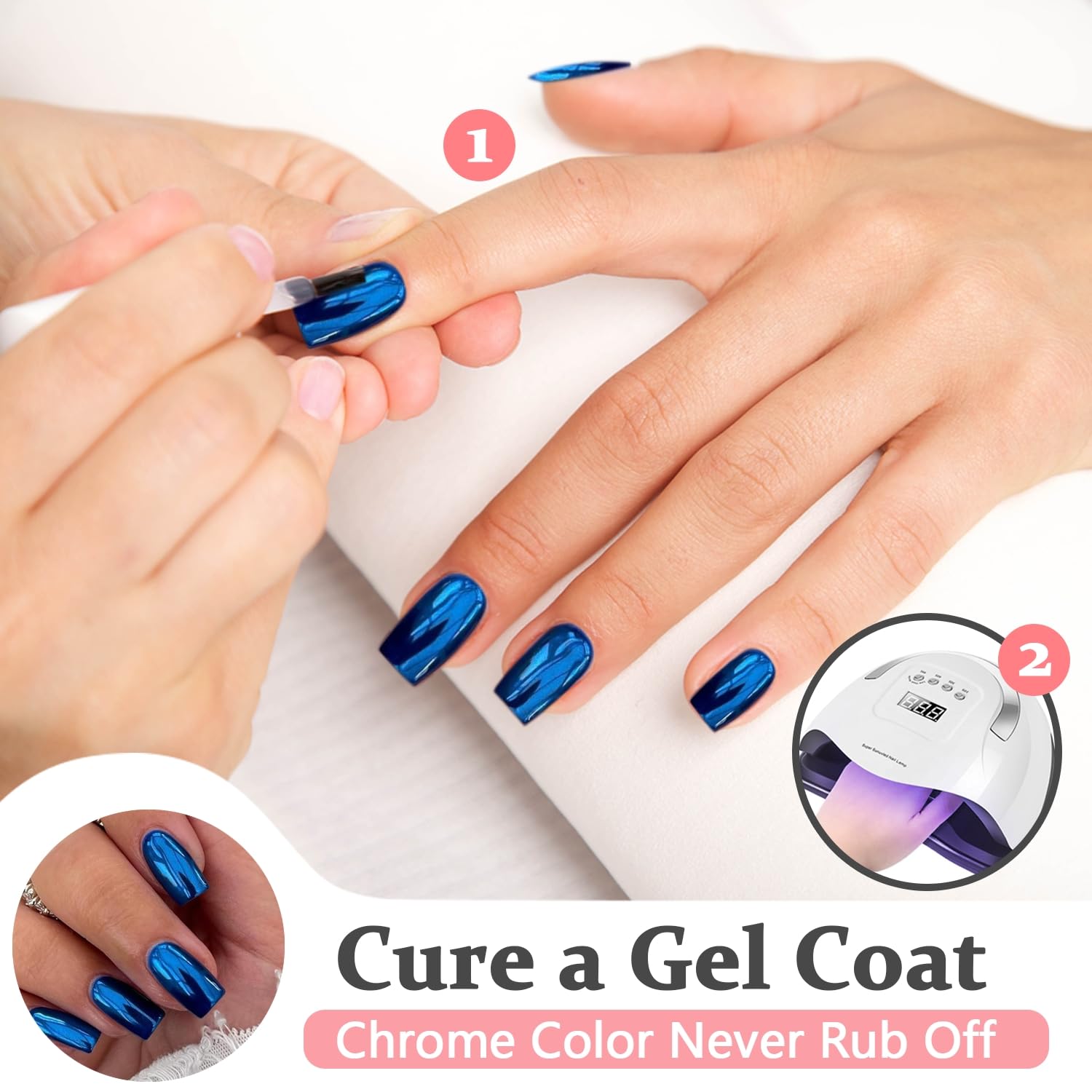 KQueenest Royal Blue Chrome Press on Nails Short Medium Square Metallic Fake Nails Glitter Glue on Nails Short Medium Mirror False Acrylic Nails Press Ons Natural Stick on Nails for Women 24 Pcs - Image 4