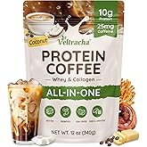 Veltracha Grass Fed Whey Protein Coffee, Collagen Protein Iced Coffee - 10g Protein & 0g Sugar, Made with Cordyceps, Reishi & Butter, Natural Energy without Jitters, Coconut 20 Servings