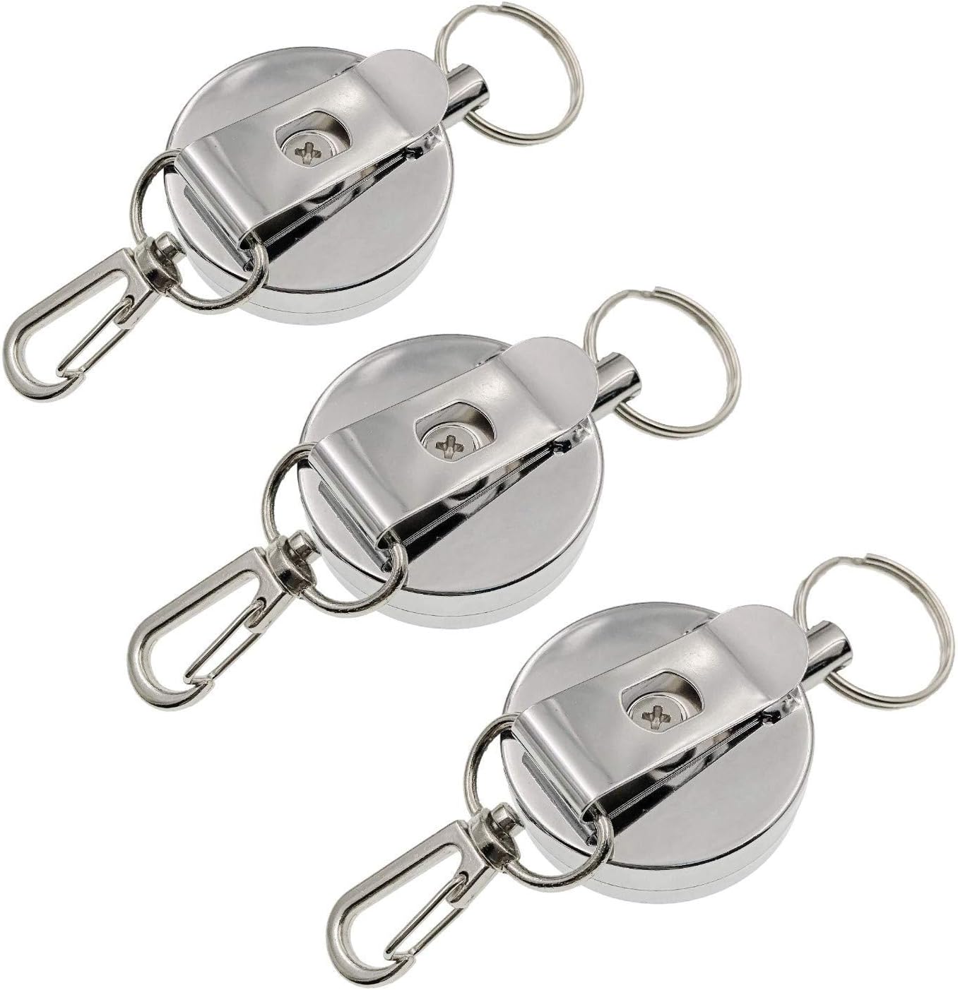 JZK 3 x Retractable Key Ring with Belt Clip and Steel Reel Chain, Retractable Badge Holder, Key Ring Holder Clip