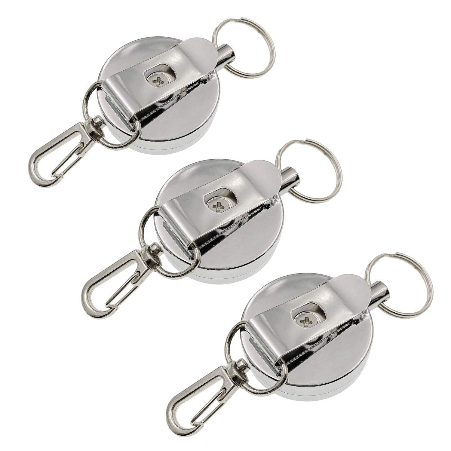 JZK 3 x Retractable Key Ring with Belt Clip and Steel Reel Chain, Retractable Badge Holder, Key Ring Holder Clip