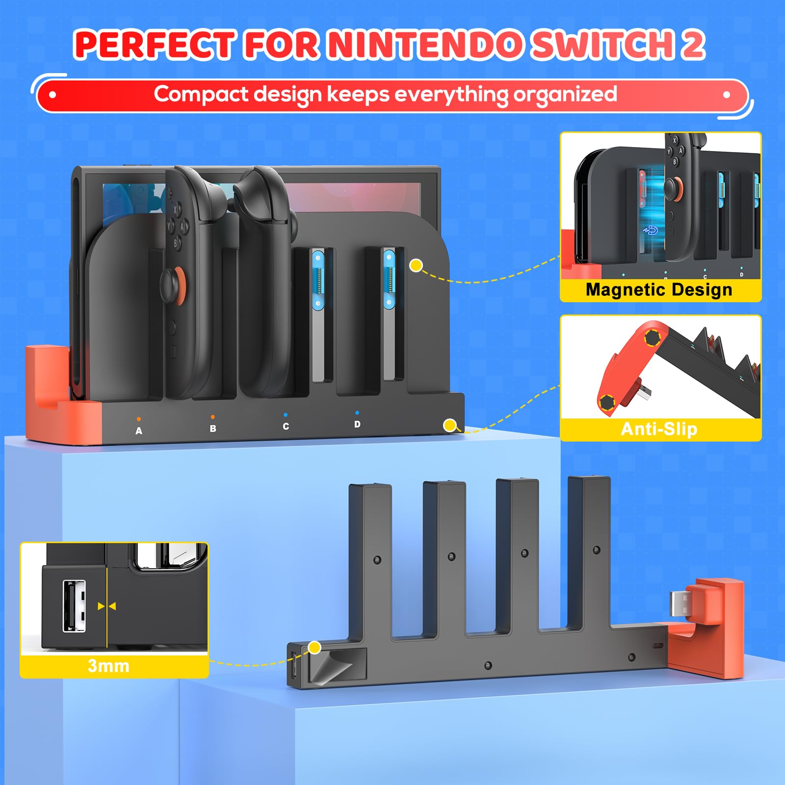 Ladestation für Switch 2, Controller Ladestation Kompatibel mit Joy Con 2, Klipdasse 4 in 1 Kompakt Magnetisch Ladegerät, Zubehör für Nintendo Switch 2 2