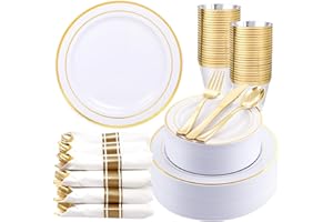 WDF Partyware 350Piece Gold Dinnerware Set for 50 Guests - Gold Plastic Plates with Disposable Cutlery Include:50Dinner Plates-50Dessert Plates-50Pre Rolled Napkins with Silverware for Christmas