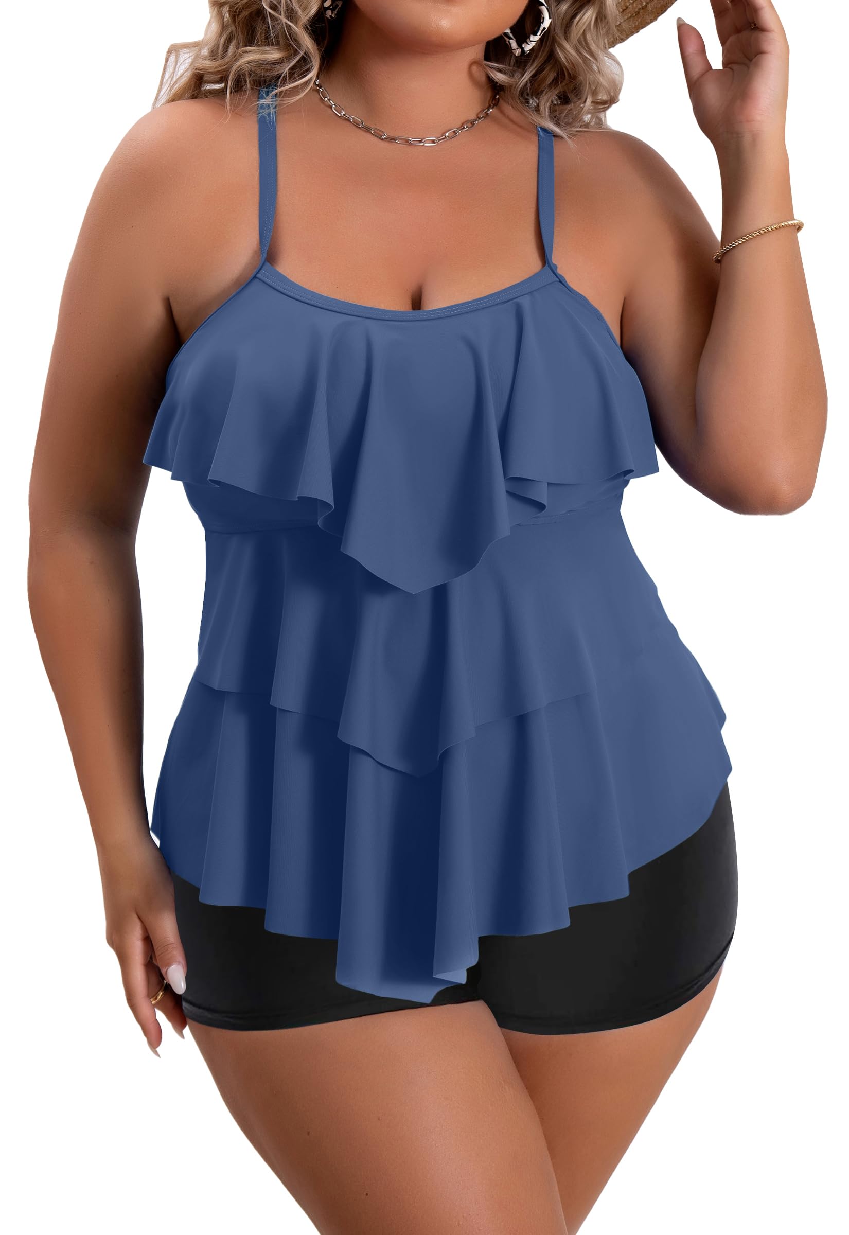 Photo 1 of B2prity Women Plus Size Tankini Swimsuits Tummy Control Two Piece Bathing Suit Ruffled Flounce Swimwear with Shorts Dark Slate Blue