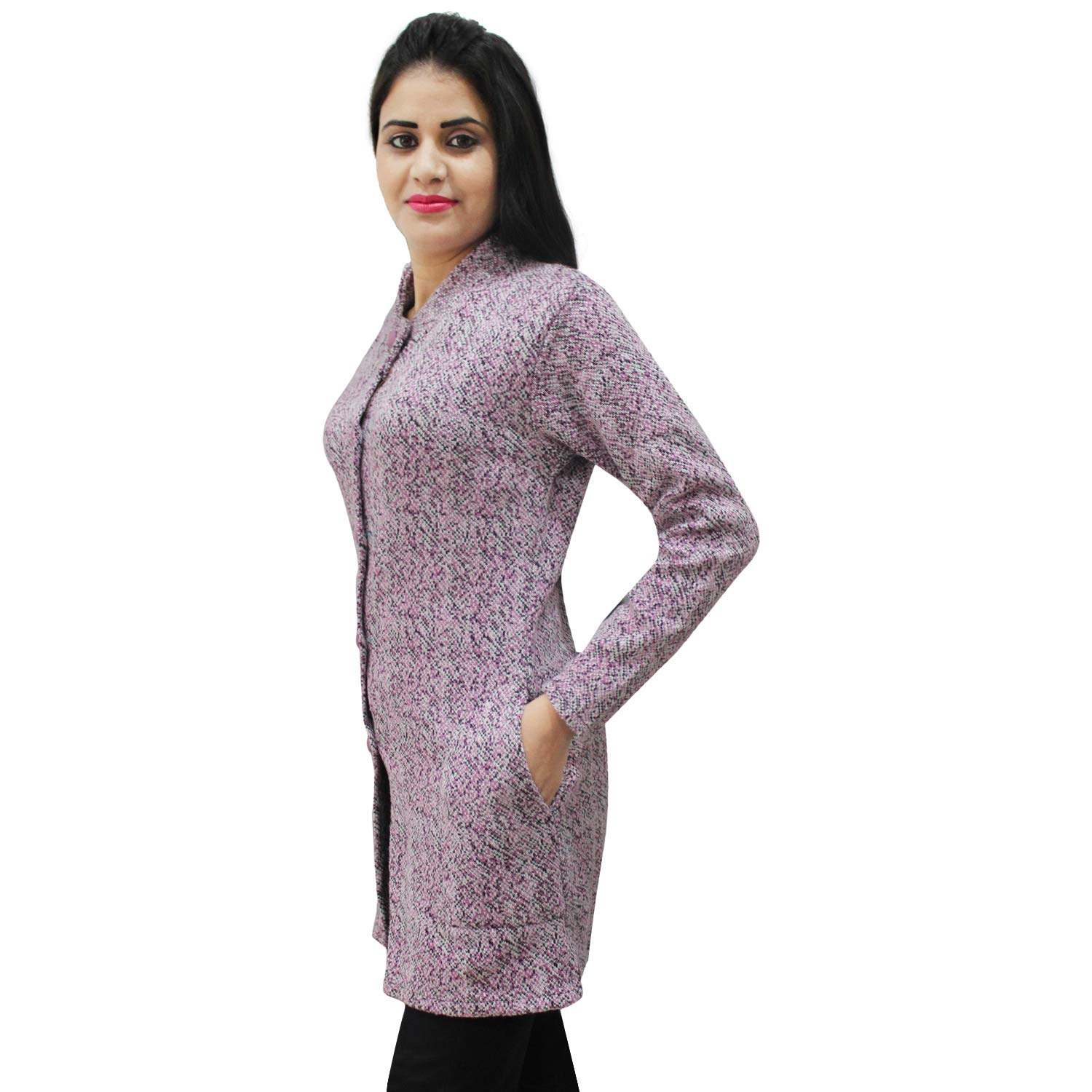 matelco womens woollen brown printed buttoned cardigan/coat with pockets