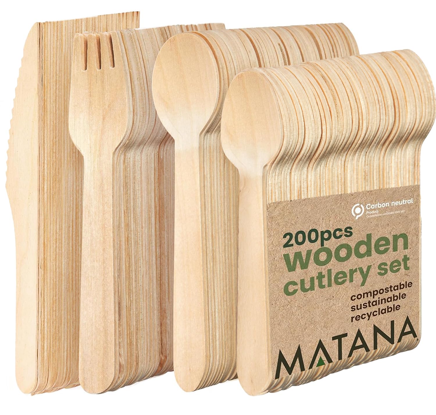 MATANA 200 Premium Wooden Cutlery Set (50 Forks, 50 Spoons, 50 Knives, 50 Teaspoons) – 16 cm Birch Wood, Smooth & Splinter-Free, Plastic-Free Party Cutlery for BBQs, Picnics & Catering