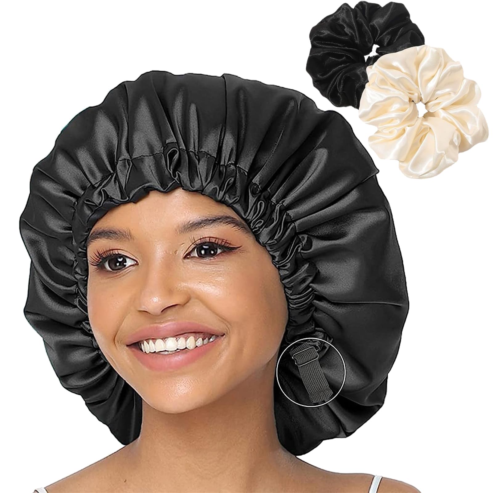 flintronic Adjustable Silk Bonnet, Hair Bonnet for Sleeping, Soft Sleep Cap Satin Head Cover for All Hair Types(Black)