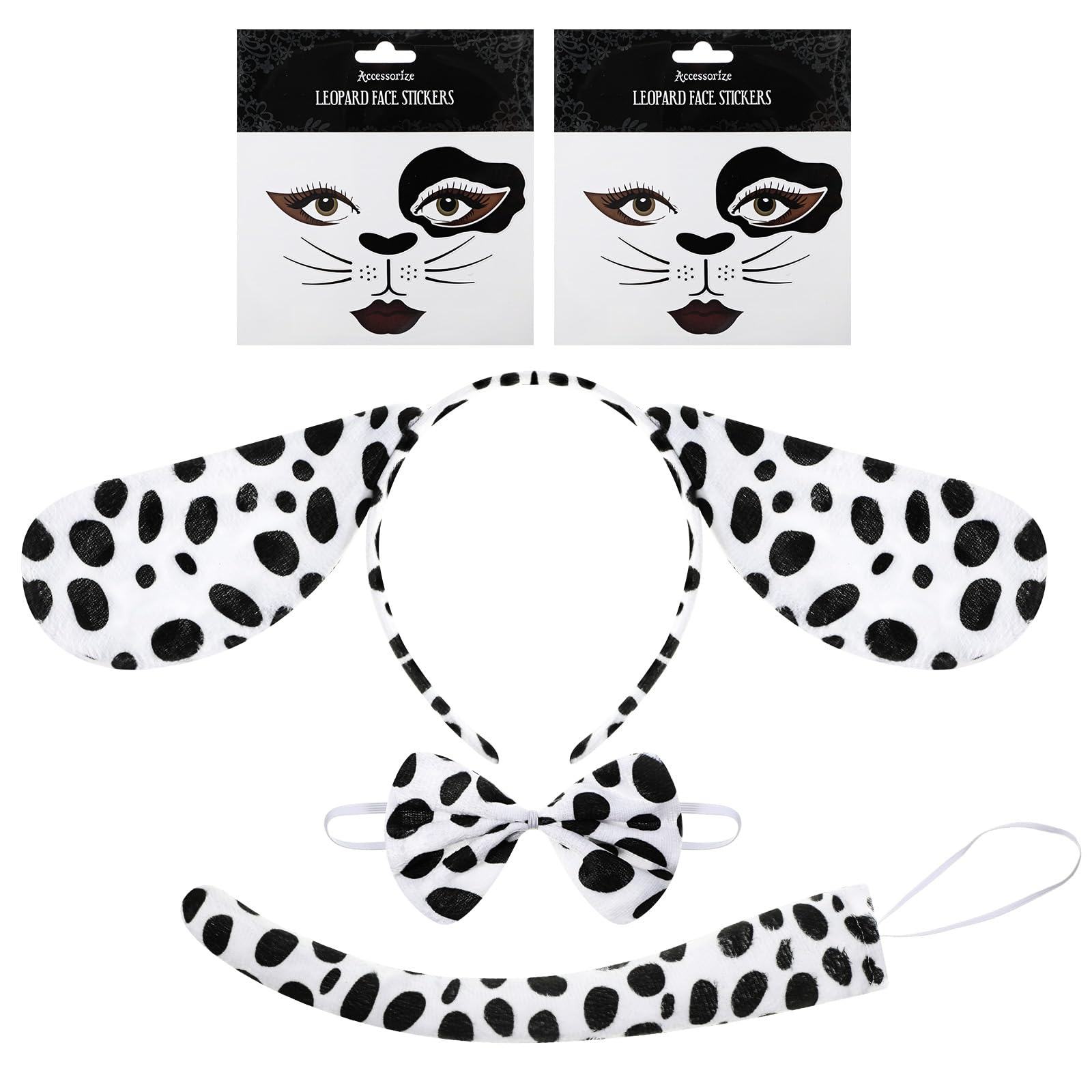 Photo 1 of Janinka Cheetah Costume Set Dalmatian Dog Ears Headband Cheetah Leopard Cat Tail Bow Tie Face Stickers for Halloween Cosplay(Dalmatian Dog Style)