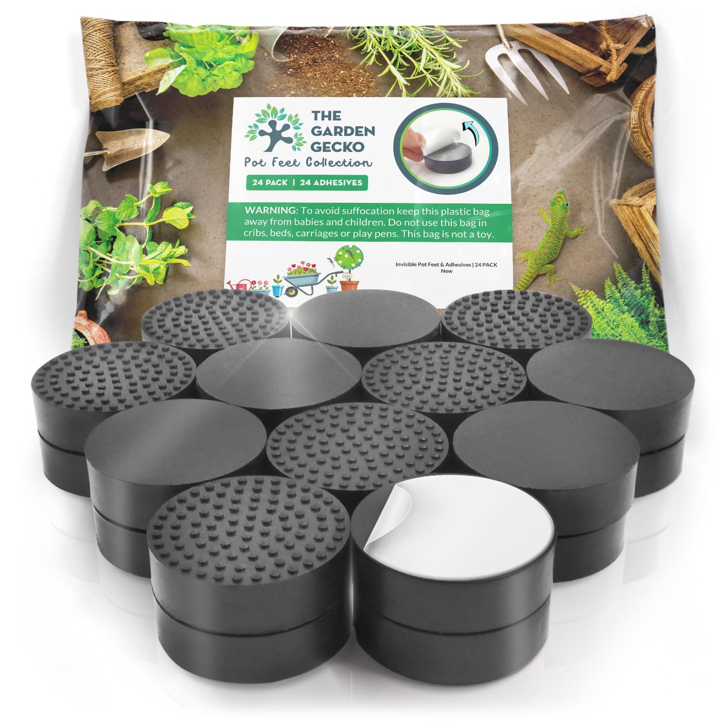 The Garden Gecko Invisible Pot feet for outdoor plant and flower pots, solid rubber pot risers with enhanced non-slip surface grip | 24 PACK + 24 STRONG SELF-ADHESIVE PADS (Pebble Black)
