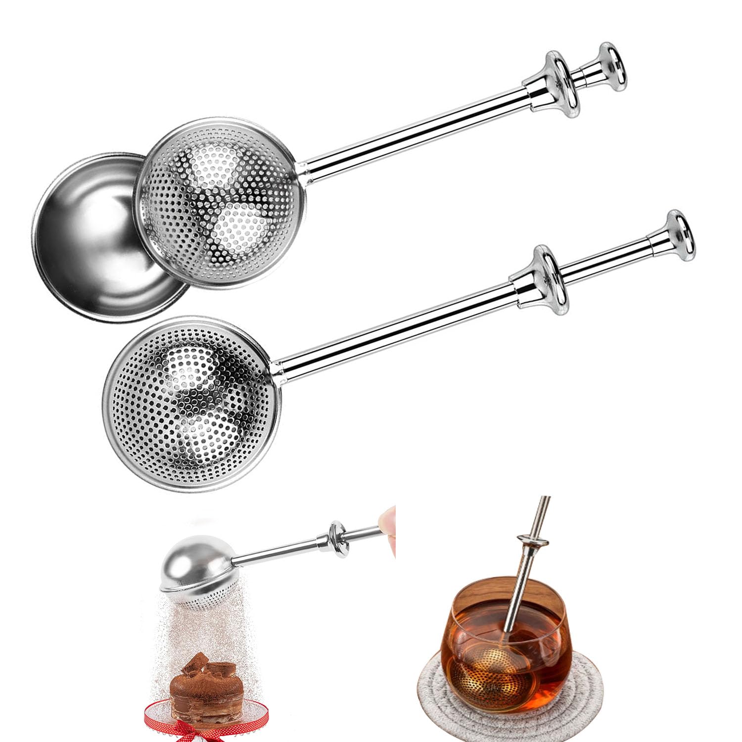 Photo 1 of 1pcs Stainless Steel Loose Tea Leaf Steeper&Sugar Shaker Duster Sifter 2 in 1, tea ball for loose leaf tea,tea strainers One-Hand Operated Spring-Loaded